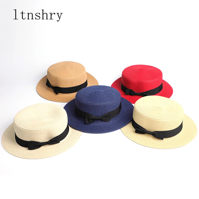 Sun Hat Sun Protection Hat Parent-child Sun Flat Straw Hat Boater Hat Girls Bow Summer Hats For Women Kid and Beach Flat Panama Straw