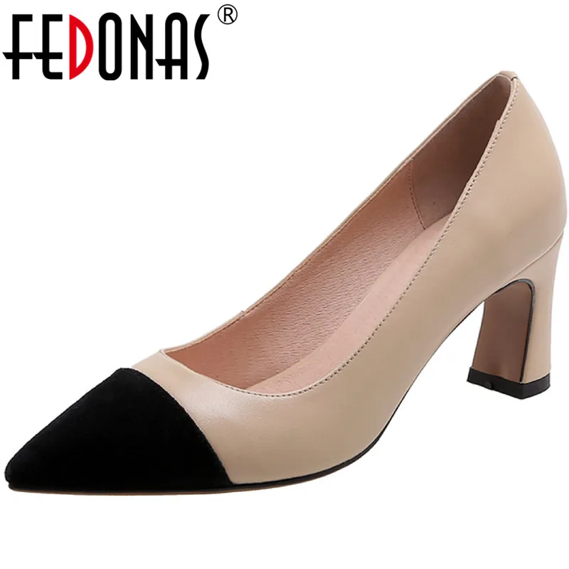 Womens Shoes Thick Heels FEDONAS Genuine-Leather Pumps Mixed-Colors Elegant Summer Woman