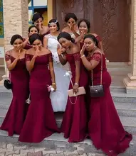 Cheap Dark Red Mermaid Bridesmaid Dresses Lace Appliques Off Shoulder Satin Wedding Party Gowns Formal Gowns Maid Of Honor Dress