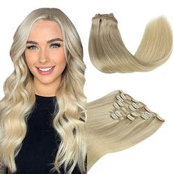 POPUKAR Clip In Human Hair Thick Straight Hair Light Brown Highlights Platinum Blonde Color Clip On Real Hair Extensions Remy