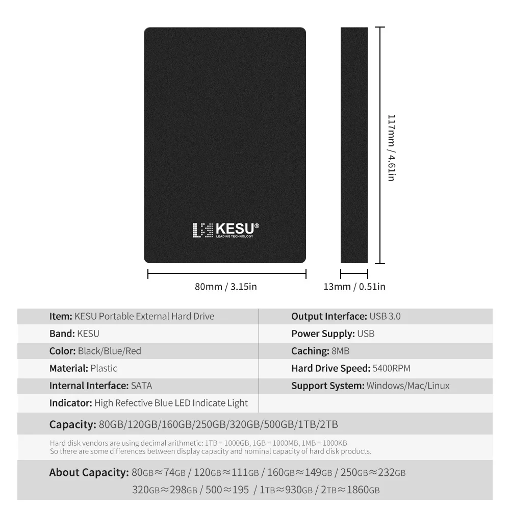 KESU HDD 120GB 160GB External Hard Drive 2.5 inch Portable Hard Drive HD Externo USB3.0 Storage portable hard disk