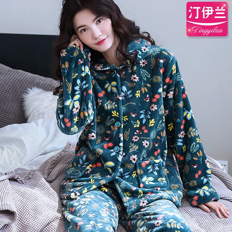 sleepwear women Теплая одежда для сна Женский комплект теплая Пижама женская зимняя фланелевая Толстая Коралловая флисовая Пижама женская пижама больших размеров Femme Homewaer Sleep - Цвет: sleepwear women