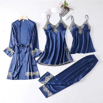 

Sleepwear Set Women 4PC Nightshirts V-Neck Pajamas Spring Wear Home Suit Negligee Robe Gown Bathrobe Silky Nightdress Homewear