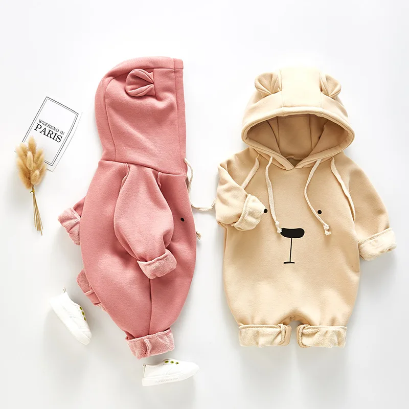Ins Autumn And Winter Newborn Rompers Thickened Fleetened Korean Tie Bear Ear Printed Bear Loose Suit Jumpsuits Climbing Suits