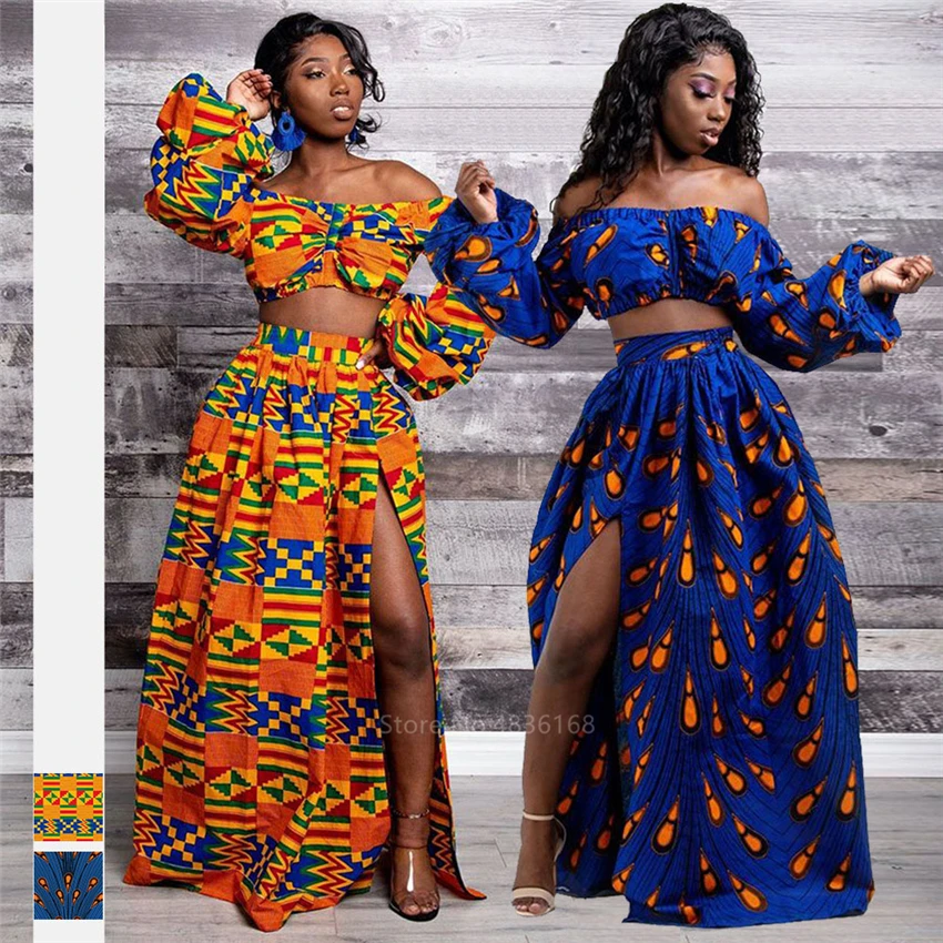 

African Dresses for Women 2020 News Ladies Full Sleeve Shoulder Off Festher Dashiki Print Split Skirts Autumn Africna Clothes