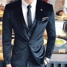 Черный бархат 3 предмета индивидуальный заказ slim fit смокинг костюм для жениха мужской костюм мужской блейзер, пиджак+ брюки+ жилет+ галстук-бабочка