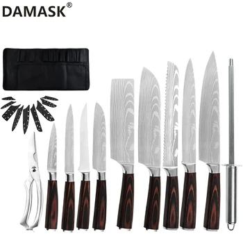 

Damask Chef Knife Set Japanese Meat Cleaver Cooking Knives Set Scissor&Sharpener Rod&Knife Bag Stainless Steel Kitchen Tool Sets