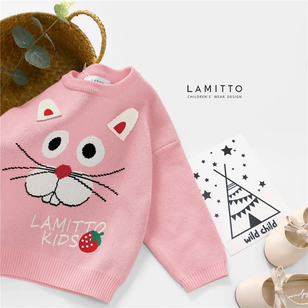 Tonytaobaby/новая осенне-зимняя одежда для девочек; детский розовый свитер с милым клубничным кроликом; свитер для маленьких девочек