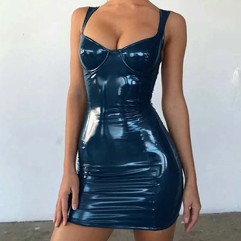 Сексуальные клубные вечерние платья с открытой спиной, короткое платье, однотонное, черное, мокрое, латекс, облегающее, искусственная кожа, пуш-ап, бюстгальтер, Мини, микро платье, купальник