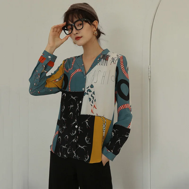 

LANMREM Stitching Contrast Print Long Sleeve Single-breasted Woman Shirt Casual Wild Simple Fashion 2019 Autumn Blouse New TD140