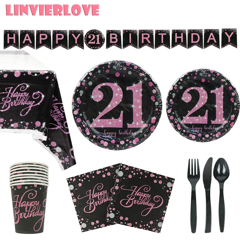 LINVIERLOVE Happy 21 черный розовый Золотой набор для вечеринки для свадьбы бумажный стаканчик для дней рождения тарелка одноразовая посуда декоративный Декор