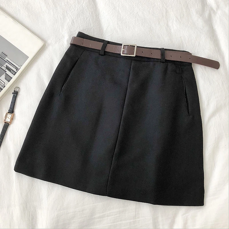 2020 Women Sashes Chic Skirt Autumn Winter Harajuku Solid High Waist Casual A-line Skirt Females Fashion Pocket Belt Mini Skirts