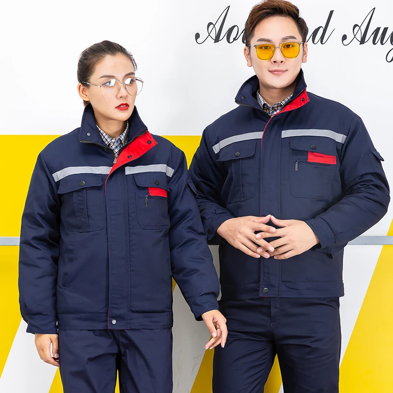 Winter Work Clothing cotton padded Reflective wadded Jacket+Pant reflective Auto Repair Welding suit Workshop Overall Uniforms