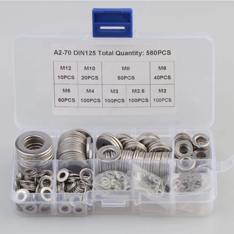 

580pcs Set 304 Stainless Steel Assorted Washers Metric Flat Washer Tool M2-M12