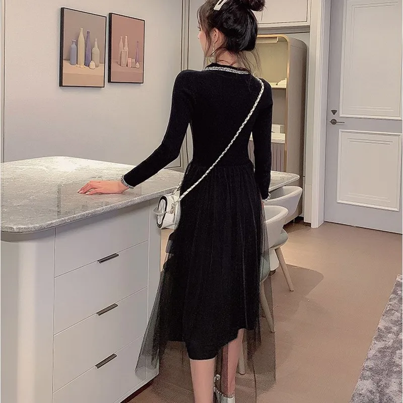 GIGOGOU женское платье-свитер с воротником в стиле Питера Пэна, осенне-зимнее кружевное длинное платье с бисером, Элегантное трикотажное черное платье трапециевидной формы
