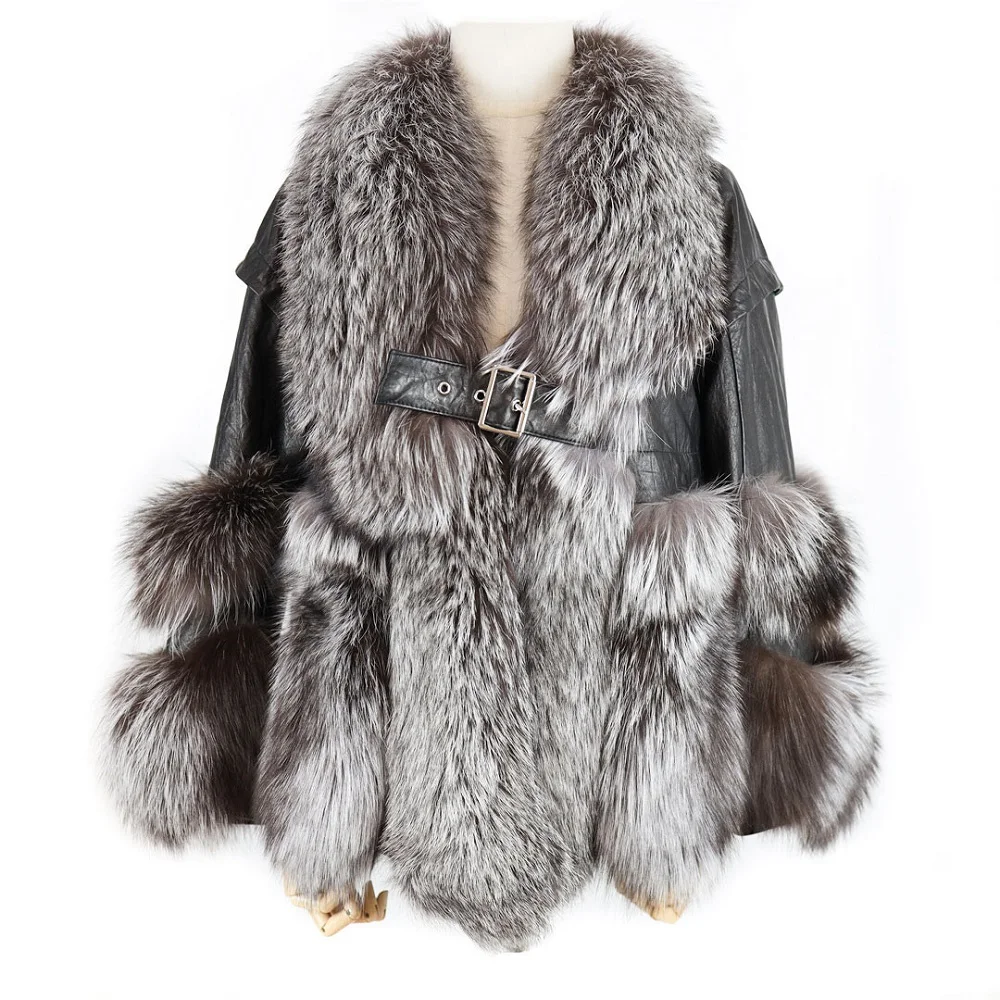 Woman Winter Real Silver Fox Fur Jacket Fashion Sheepskin Fur Coat Plus Size Genuine Lambskin Fur Warm Outerwear ladies parka coats Coats & Jackets