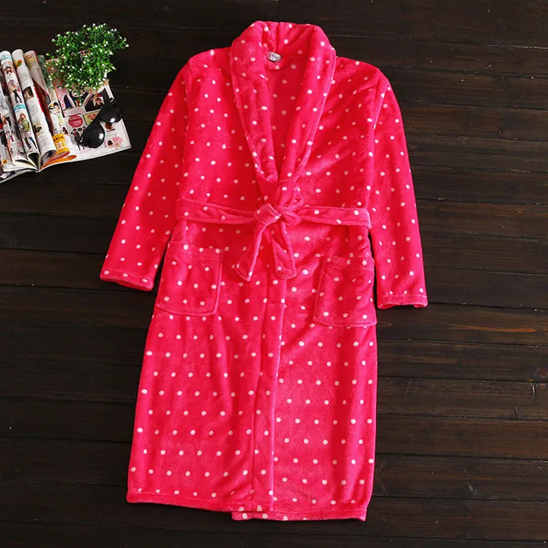 

Sexy Red Bathrobe Women Dot Print Nightgown Flannel Warm Belt Long Sleeve Pocket Home Casual Sleepwear Big Size 2019 Pjs