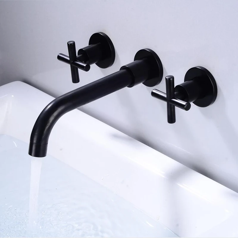 Bathroom Sink Mixer Hot & Cold Basin Tap For Antique Black Brass Double Handle Wall Mounted