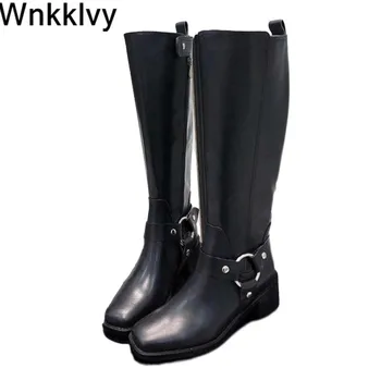 

Mid heel Knee high boots women spaure toe metal buckled belt decor knight long boots 2020 autumn winter runway Design shoes