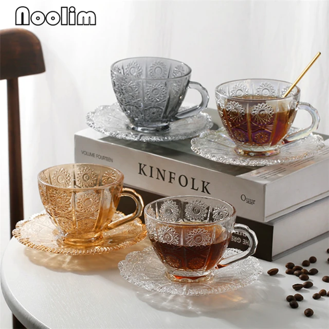 Classic Clear Heat-resistant Glass Tea Cup w/ Handle with Saucer