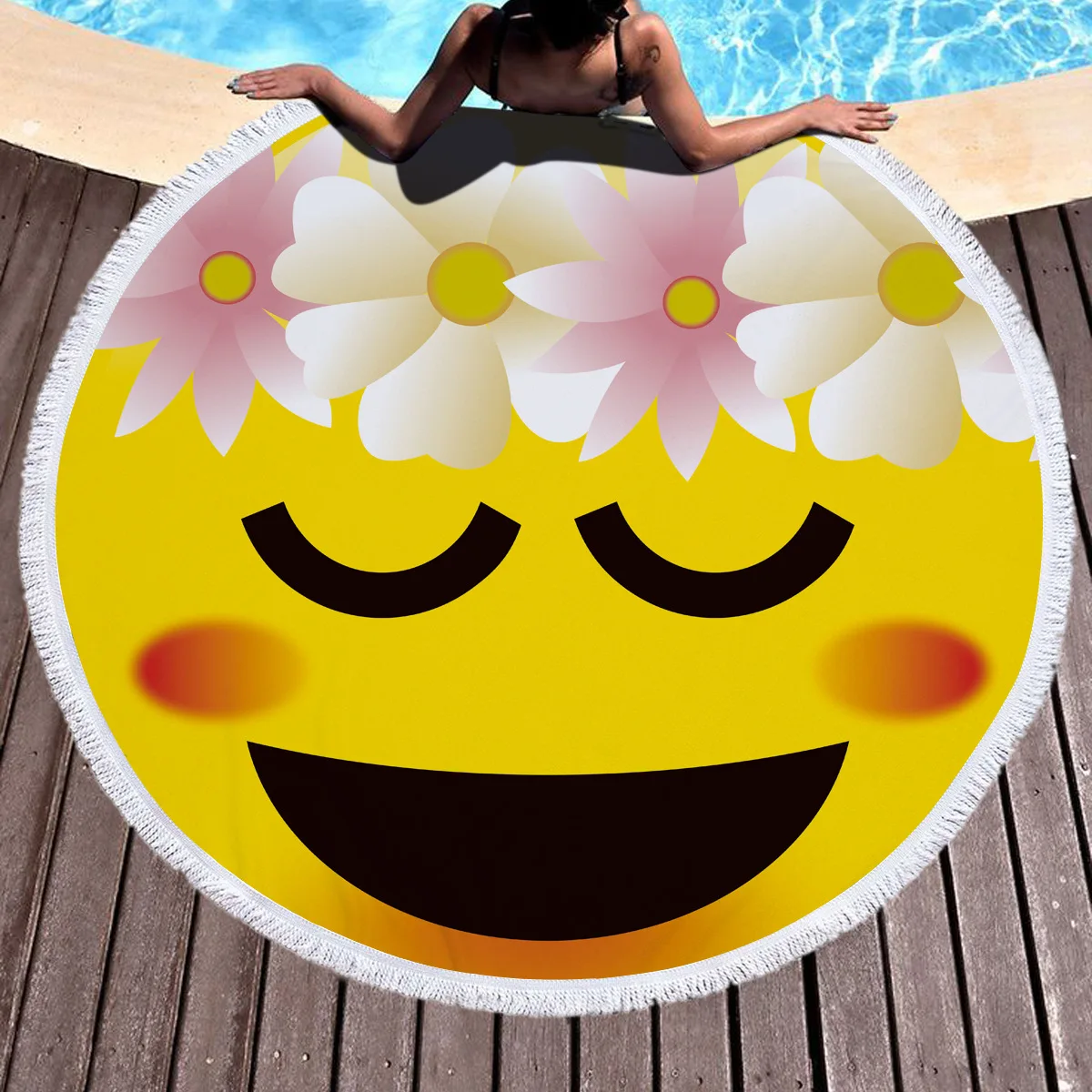 

Round Beach Towel And Tassels Superfine Fibre Handfeel Soft Expression Emoji-