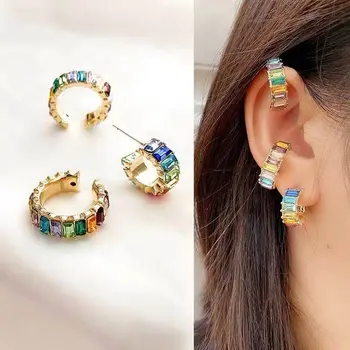 

MENGJIQIAO New Fashion Colorful Crystal Hoop Earrings For Women Students Elegant Statement C Shape Party Gilrs Holiday Jewelry