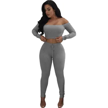 

Plus Size Solid Slash Neck Long Sleeve Two Piece Set Drawstring Off Shoulder Women Tracksuit Bodycon Long Pants Women Suits