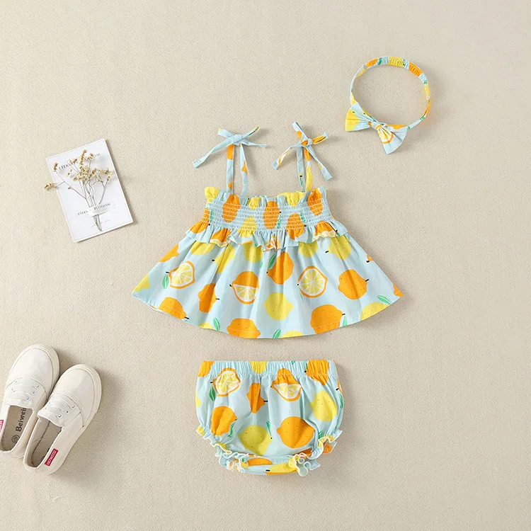 Комплект летней одежды из 3 предметов для маленьких девочек модный комплект одежды на подтяжках с принтом лимона+ штаны+ повязка на голову комплект одежды для малышей