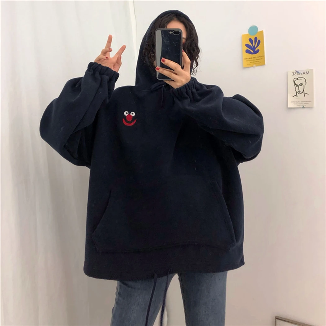 Embroidered Cartoon Hoodies Women Trendy Pockets Loose Sweetshirt Womens Cute Long Sleeve All-Match Lovely Streetwear Female