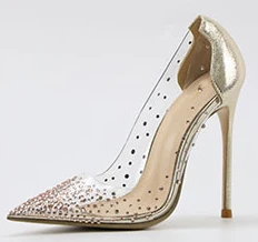 ALMUDENA/туфли-лодочки цвета шампанского, золотого цвета с блестящими кристаллами Свадебные туфли с острым носком из прозрачного ПВХ блестящая обувь для вечеринок с кристаллами каблук 12 см 10 см - Цвет: 12cm heel gold