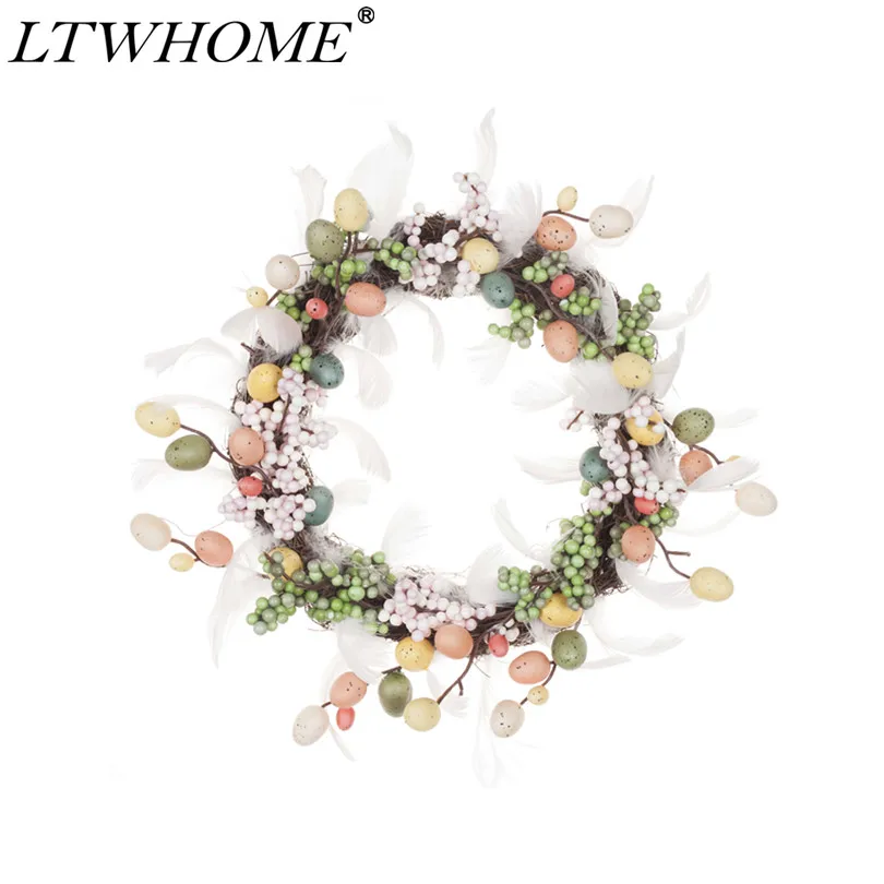 

LTWHOME WHECE 11 Inch Artificial Handmade Easter Wreath With Feathers, Berries, Quail Eggs and Small Bubbles for Front Door