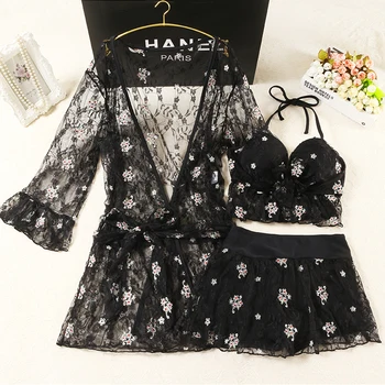 

2019 swimwear women swimsuit lace halter bikini set perspective Hollow carved Cover Up blouse three piece swimsuit bathing suit