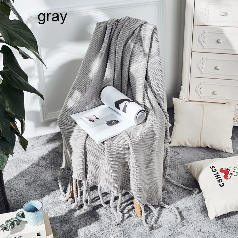 Portable Throw Blanket Soft Warm Anti-Pilling Knitted Carpet Thread Scarf for Travel Nap Office Sofa Home Textile with Tassel