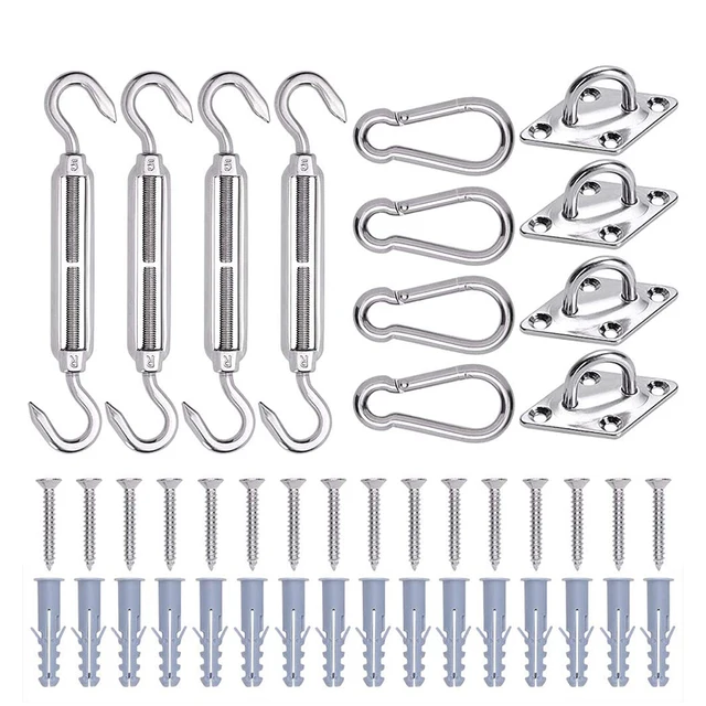 4 Db Napsütéses Vitorla Előtető Rögzítő Tartozékok Rozsdamentes Acél Hardverkészlet Turnbuckle Pad Eye Carabiner Clip Hook Csavarok Ezüst