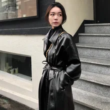 Leather coat women's long style super cool locomotive PU leather coat windbreaker split loose coat 2021 spring autumn new