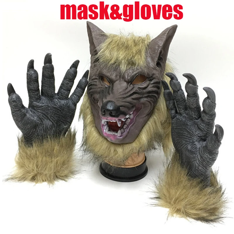 

2019 Cosplay silicone Wolf Head Hair Mask Gloves, Unisex Novelty Animal Full Mask Halloween Role Play Fancy Dress Party Costume