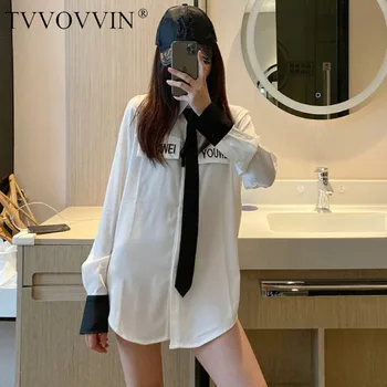

TVVOVVIN 2020 Spring New Blouse Girl Female Long-sleeve Single-breasted Embroidery Patchwork Tie Letter Casual Streetwear A395