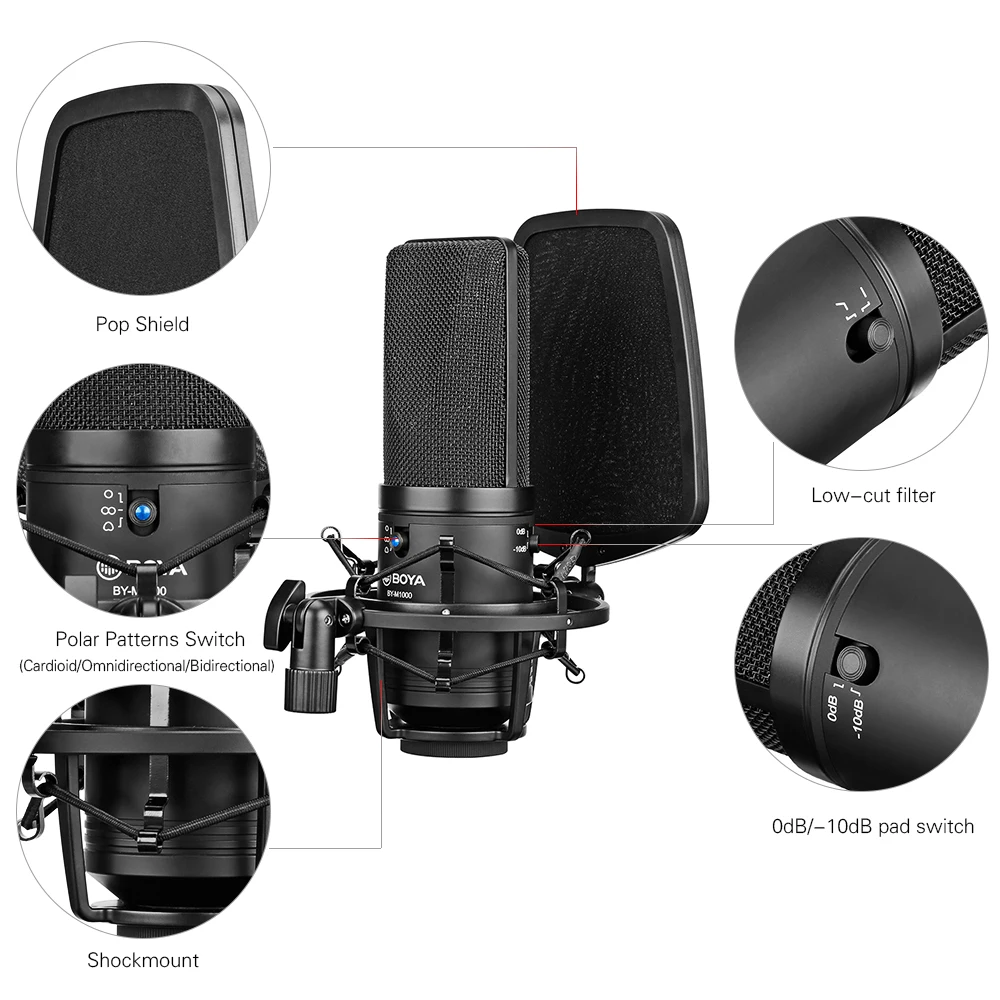 BOYA BY-M1000, конденсаторный микрофон, Большая диафрагма, 3 Полярных узора, для певца, певца, писателя, подкастер, Voiceover, для художника, Студийный микрофон