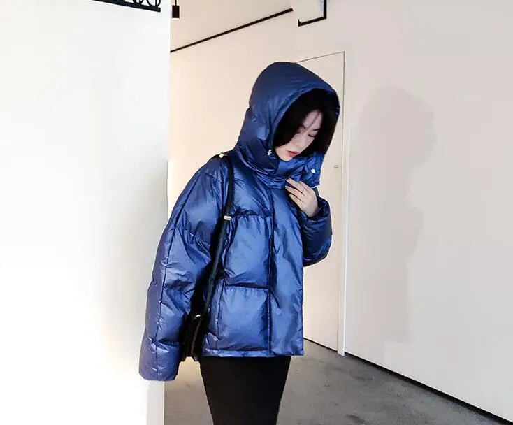 Photo Color Autumn Winter fashion new Glossy Short Down Jacket Hooded Zipper Long Sleeve Warm Women's Solid Color Bread Coat cc823 - Цвет: Photo Color