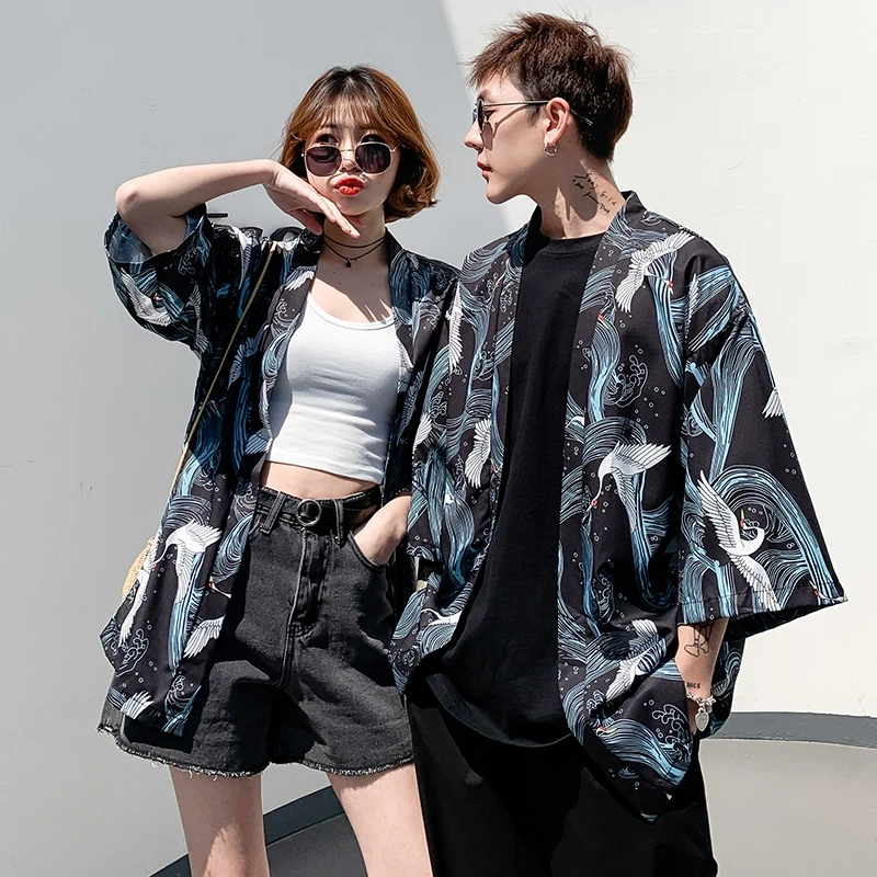 Japanese  Women Cardigan Kimono Sunscreen Crane Print Coat Blouse Tops Loose 
