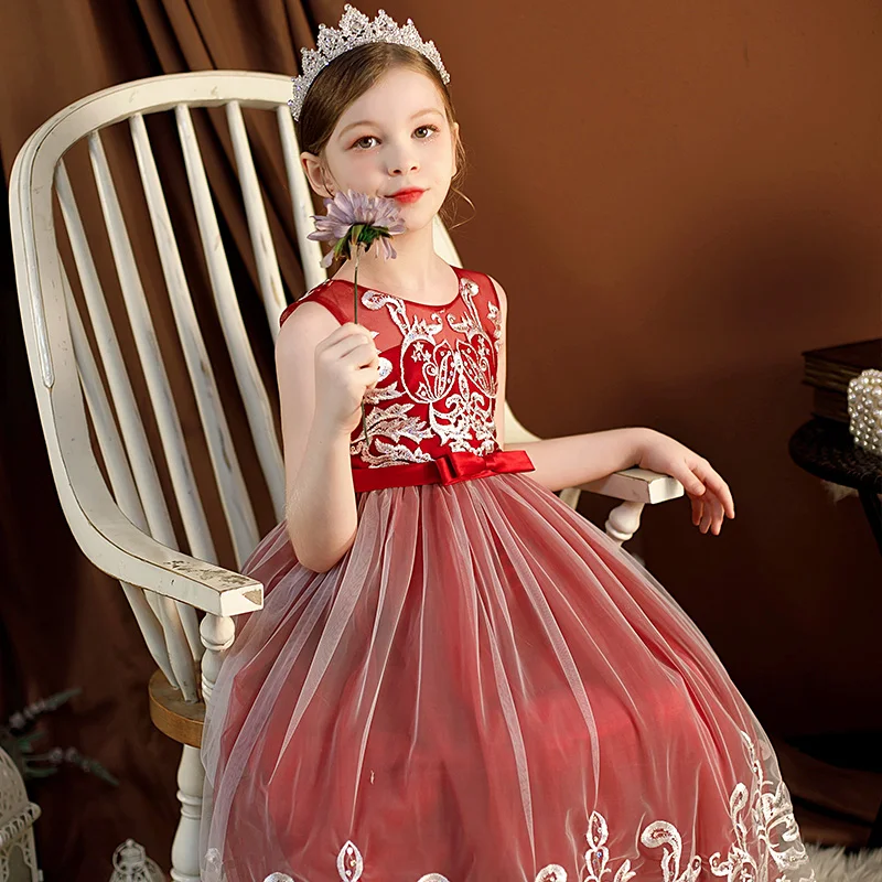 Kids Sleeveless Vintage Embroidered Princess Dress For Girls Floral Birthday Party Wedding Dresses Long Children Clothing | Детская