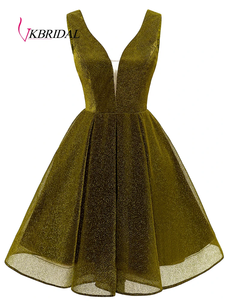 Olive green VKBridal Элегантные короткие платья для выпускного вечера Мини Длина v-образным вырезом блестящие вечерние платья для выпускного вечера с карманом - Цвет: Olive green