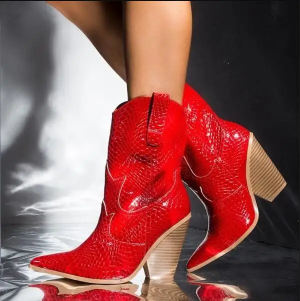 

Red Snakeskin Boots Women Runway Boots Pointy Toe Chunky Heel Python Print Leather Short Winter Ridding Boots Free Ship