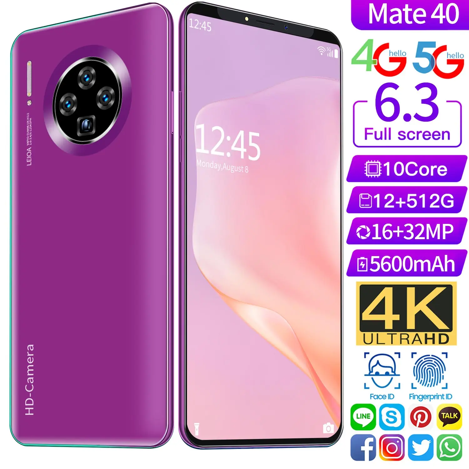 Global Version Mate 40 6.3 Inch Smartphone Android 10.1 5600mAh 12+512GB Face ID Fingerprint Unlock Dual SIM 4G LTE 5G Cellphone