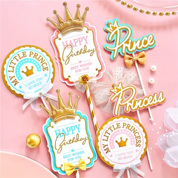 

Crown Girl's Princess Little Bow Prince Boy's Royal Happy Birthday Cake Topper Kid Party Supplies Blue Love Gifts