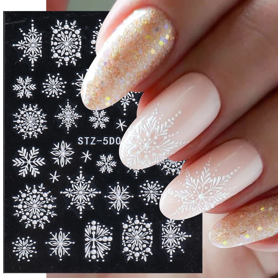 5D Winter Christmas Nail Art Decoration Sticker Embossed Charms Snowflakes French Nail Design Gel Polish Manicure Decals nail stickers nail art decoration nail decals