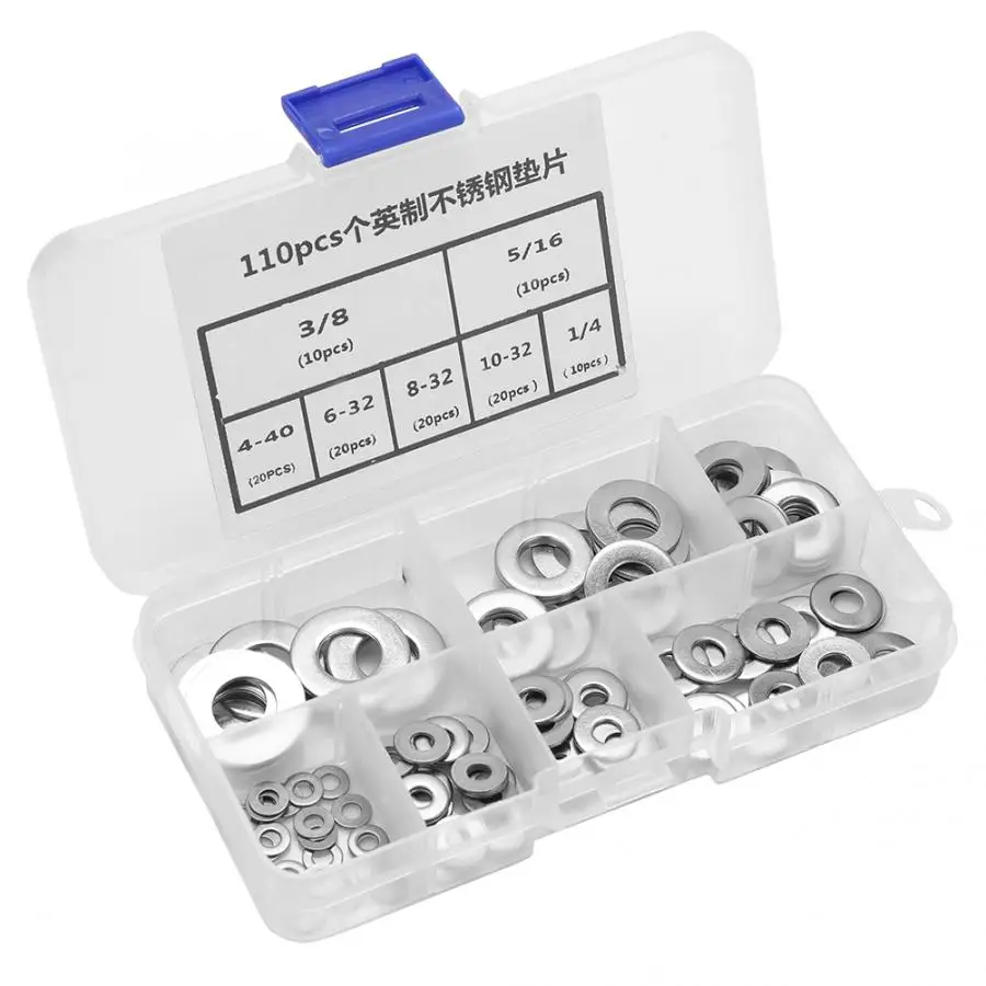 

110pcs Stainless Washer Set Imperial Standard Stainless Steel Flat Washer Plain Washers Assortment Kit with Box Screw Washer