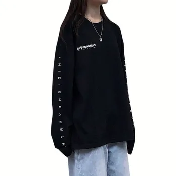 

Spring Autumn Long Paragraph Wild Loose Round Neck Collar Letter Stitching Clothes Women Solid color