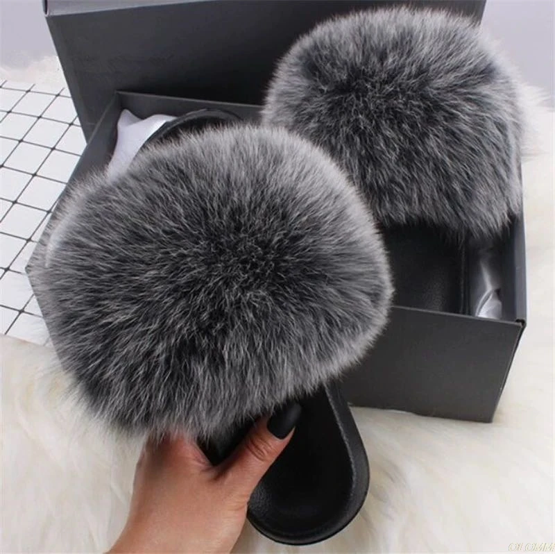 Pelo de zorro Real zapatillas mujer Zapatillas de piel de mapache de peluche deslizadores Jamacia peludo pisos de verano Zapatos dulces de mujer de gran tamaño 45 venta al por mayor