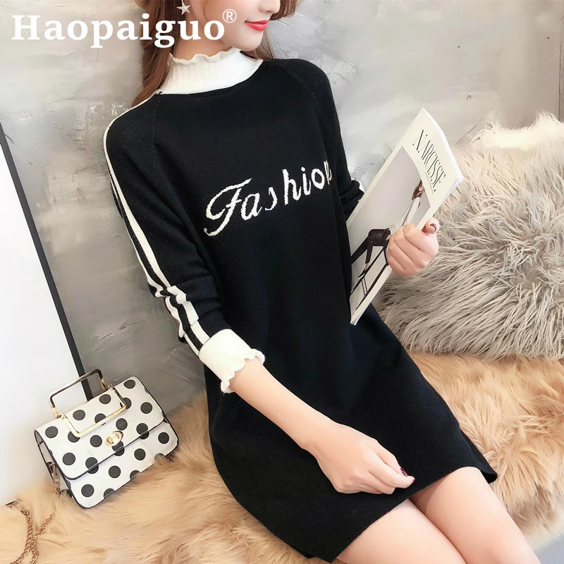 

2019 Autumn Winter Black Dress Women Half Turtleneck Letter Knitted Work Dress Women Print Striped Sweater White Dress Female